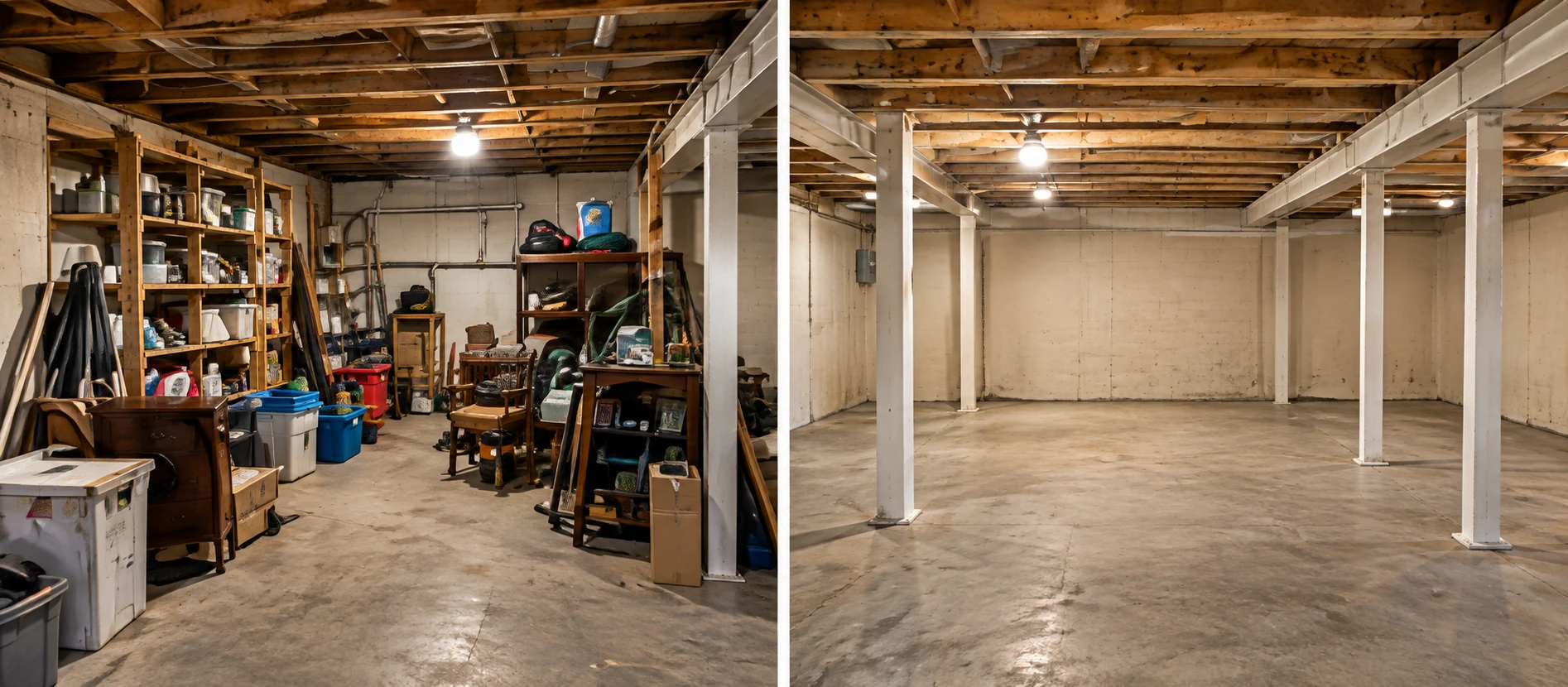 Illustrative basement cleanout before, enhanced detail
