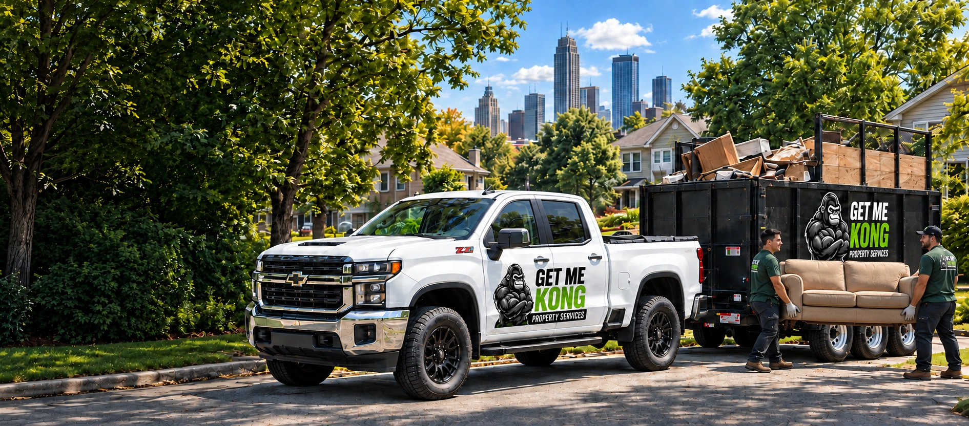 Illustrative Get Me Kong pickup and dump trailer with two workers carrying a couch together