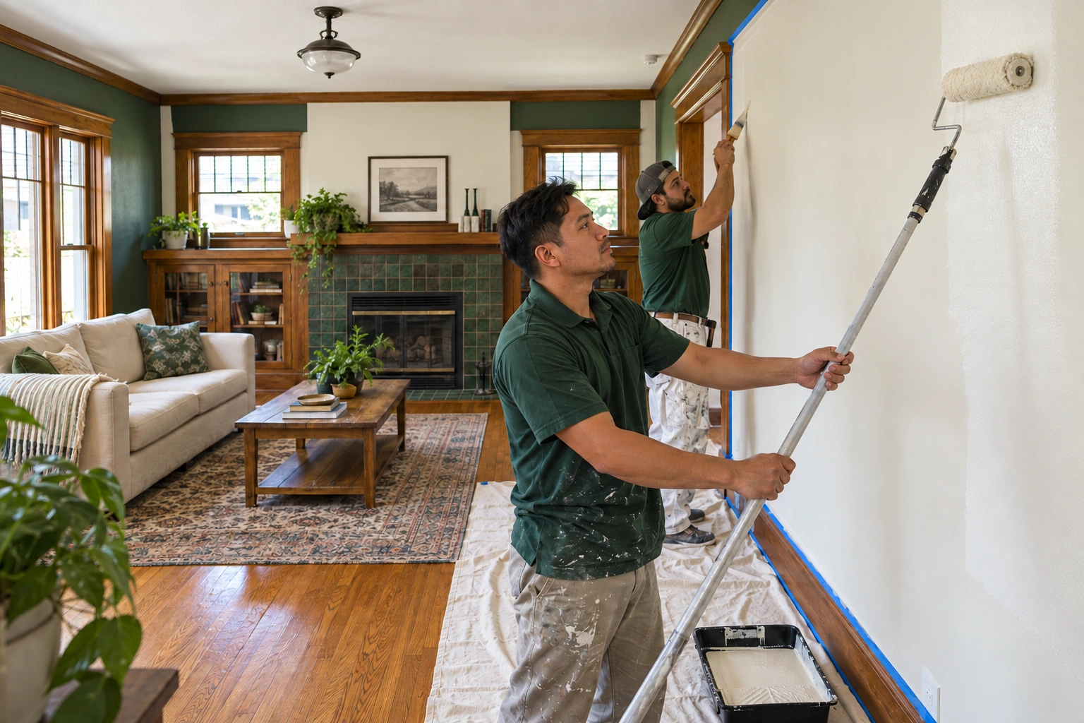Interior painting concept with a home-service crew refreshing a living room