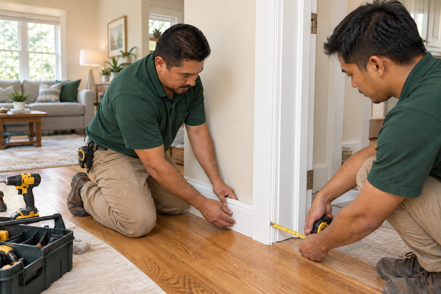 Home repair concept with a crew fitting interior baseboard trim